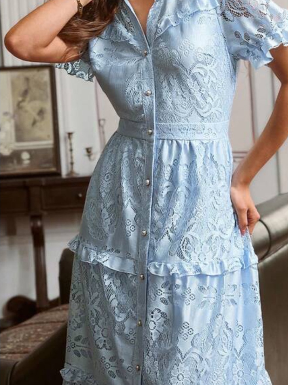 Lace Button-Front Light Blue Women's Dress